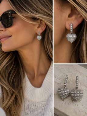 Silver Pave Heart Earrings New